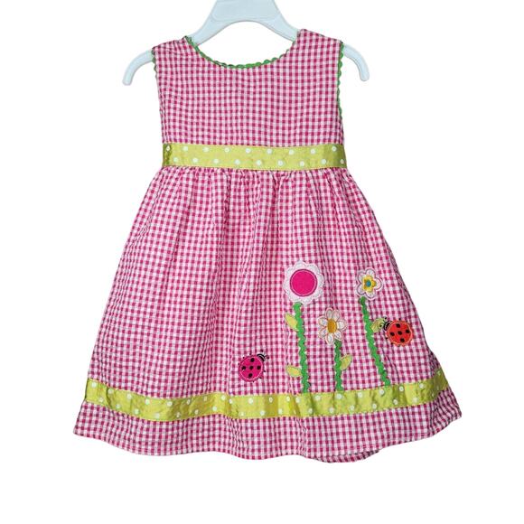 Toddler Dress 2T Seersucker Baby Togs Ladybug Flowers Pink Gingham Embroidered - Picture 1 of 8